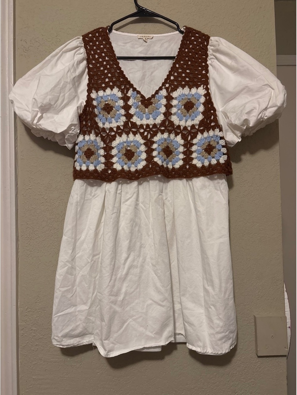 Jodifl Medium White Dress with Brown Crochet Vest Overlay